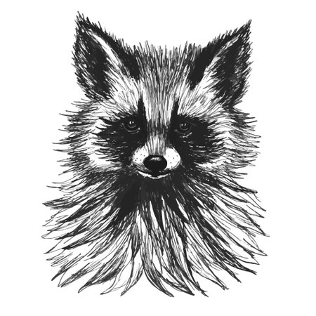 Isolated raccoon drawing on white background. Pencil sketch of animal head for print, sticker, poster. Vector illustration of realistic raccoon muzzle.のイラスト素材