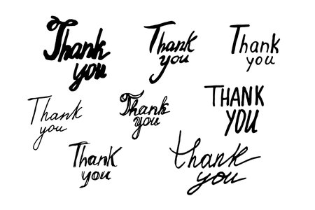 Vector set of gratitude inscriptions. Thank you. Handwritten words isolated on white background.のイラスト素材