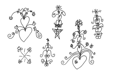 Creative set of doodle illustrations for Valentines Day. Various hearts, ornate patterns for decorating postcards and notebooks. Hand-drawn black and white drawings.のイラスト素材