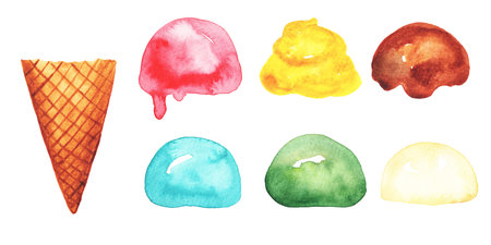Set of colorful ice cream. Hand-drawn colorful sweets. Separately drawn waffle cone and fillings for delicious ice cream. Set for making different ice creams.の写真素材