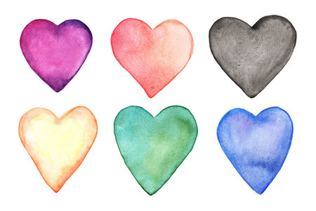 Set of hand drawn watercolor multi-colored hearts. Raster illustration, watercolor on paper. Bright watercolor drawings, wet paper. Cards for Valentines Day.の写真素材