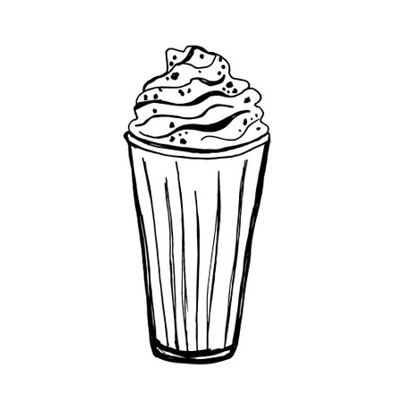 Sweet milkshake hand drawn vector illustration. Black and white beverage in glass goblet sketch isolated.のイラスト素材