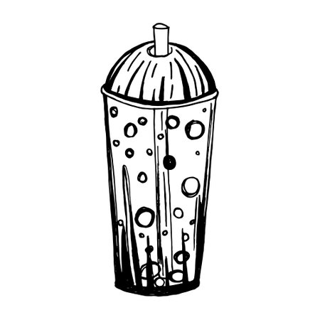 Traditional Taiwanese drink Bubble tea, sketch hand-drawn illustration. Milk tea with balls vector illustration isolated on white background.のイラスト素材