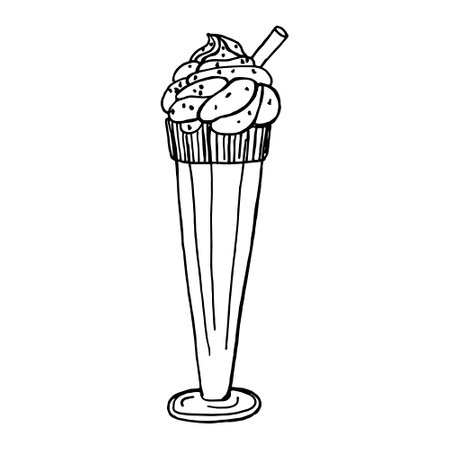 Sweet milkshake in a long narrow glass with a straw isolated on a white background. Hand drawn black and white vector illustration of a drink with cream.のイラスト素材