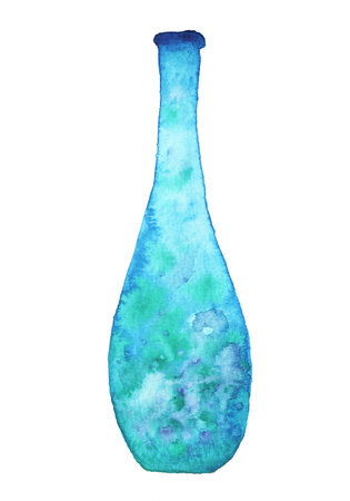 Hand-drawn watercolor illustration of a delicate blue bottle with a gentle gradient from deep blue to light blue isolated on a white background. The atmosphere of magic and mystery.の写真素材