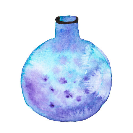 Hand-drawn watercolor illustration of a delicate purple bottle with a gentle gradient from deep purple to soft blue isolated on a white background. The atmosphere of magic and mystery.の写真素材