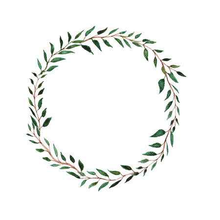 Watercolor eucalyptus sprigs frame. Isolated botanical element. Drawn green leaves on textured watercolor paper.の写真素材