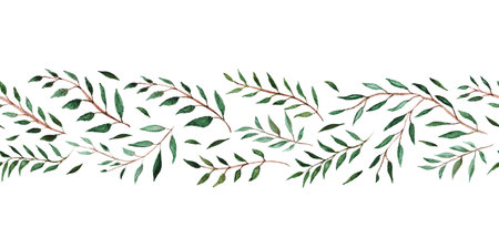 Horizontal seamless pattern of green leaves. Watercolor hand drawn isolated illustration border, eco background for your design. Hand drawn graceful branches.の写真素材