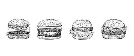 Vector set of burgers. Isolated on white background black and white doodle illustrations of fast food. Double burger with cheese, fast snack. Tasty food, hand drawn. Hearty breakfast, american style.のイラスト素材