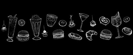 Vector set of fast food, menu restaurant design. Hand drawn baking illustration with burgers, cold drinks and pastries, canape. Sketch on chalkboard. Food sketch illustration.のイラスト素材