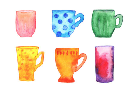 Set of watercolor drawings of colored mugs in retro style. Handmade ceramic containers. Multicolored tableware isolated on white background.の写真素材