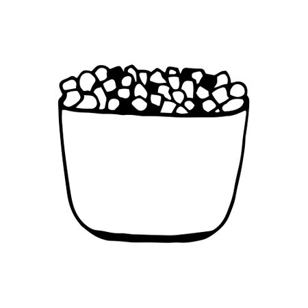 Salt in a cup, black and white doodle illustration isolated on white background. Large crystals of mineral salt for spa salon, single hand drawn object.のイラスト素材
