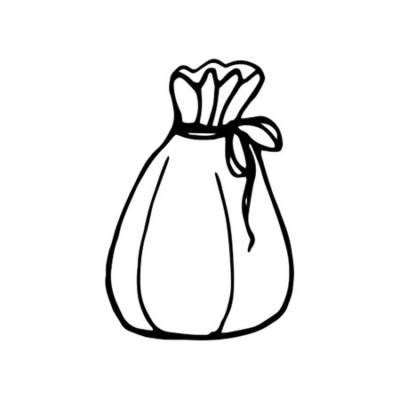 Filled drawstring bag, black and white doodle illustration isolated on white background.のイラスト素材