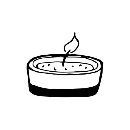 Burning candle in a low candlestick. Hand-drawn black and white illustration. Attribute of Christmas, Easter. Fire, warmth and comfort in the house, for a spa beauty salon.のイラスト素材