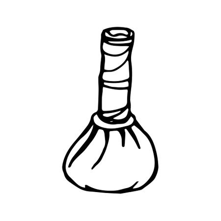 Isolated vector image Herbal pouch for body massage, rolled special piece of cloth. Hand drawn black and white doodle illustration. Attribute of beauty spa salon. Thai massage, Chinese medicine.のイラスト素材
