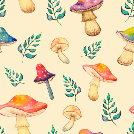 Seamless pattern of forest mushrooms, watercolor illustration. Bright fantasy fly agarics, leaves on a beige background.の写真素材