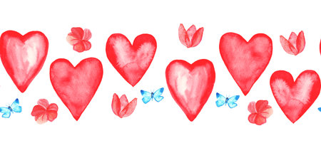Seamless horizontal pattern of watercolor hearts, flowers, and butterflies. Hand-drawn illustrations for Valentines Day and wedding decorations.の写真素材