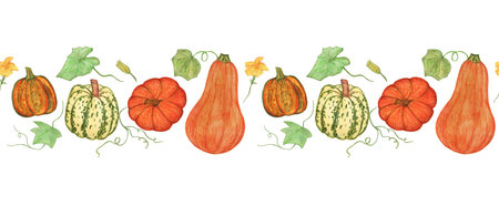 Hand-drawn pumpkins. Seamless horizontal pattern of orange-colored watercolor vegetables and pumpkin leaves. Hand-drawn illustrations for decorating the harvest festival.の写真素材