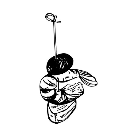 Vector isolated image of Canape, small sandwich seafood strung on skewer. Snack for alcohol, appetizer. Single black and white sketch on white background.のイラスト素材