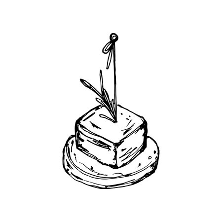 Vector isolated image of Canape, small sandwich strung on skewer. Snack for alcohol, appetizer. Single black and white sketch on white background.のイラスト素材