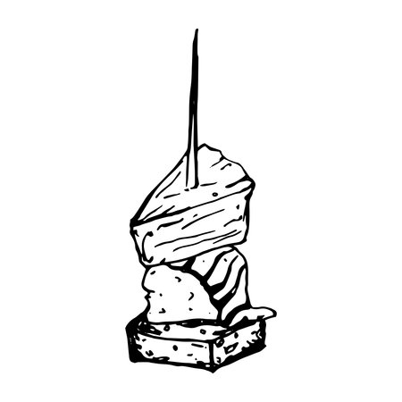 Vector isolated image of a canape, a small sandwich with a piece of pineapple, crab stick, cheese, on skewer. Appetizer for alcohol. Single black and white sketch on a white background.のイラスト素材