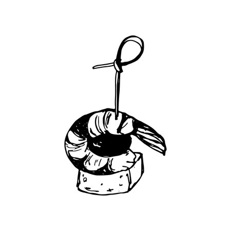 Vector isolated image of Canape, small sandwich seafood strung on skewer. Snack for alcohol, appetizer. Single black and white sketch on white background.のイラスト素材