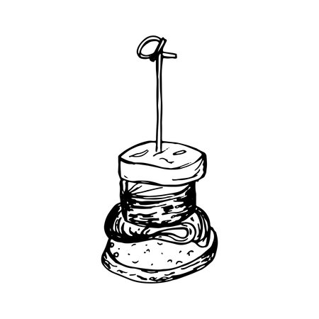Vector isolated image of Canape, small sandwich strung on skewer. Snack for alcohol, appetizer. Single black and white sketch on white background.のイラスト素材
