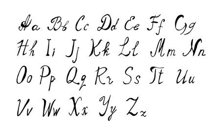 Alphabet is handwritten in black pen scrawl on white background. Doodle style English letters are uppercase and small in primitive style.のイラスト素材