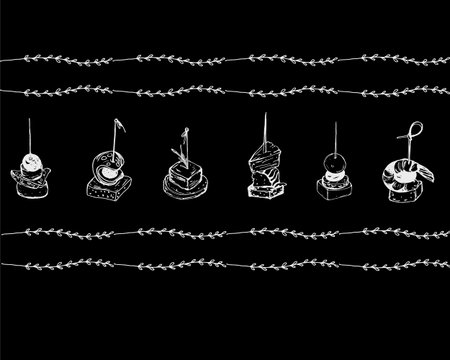 Frame of canape set highlighted on black background. Hand-drawn vector black and white illustration. Small sandwich strung on skewer. Snacks for alcohol, appetizer.のイラスト素材