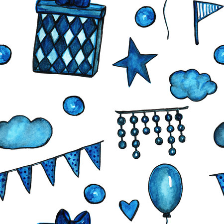 A seamless raster pattern of blue festive balloons, garlands, clouds, and gifts. Bright, watercolor-painted holiday elements for wrapping paper.の写真素材