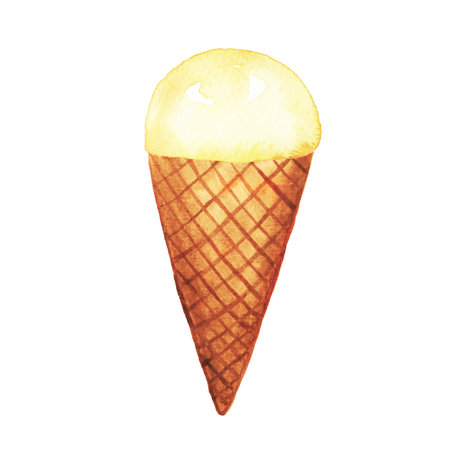 Bright, creamy ice cream. A sweet scoop in a waffle cone. Hand-drawn watercolor illustration of the dessert for an ice cream parlor ad.の写真素材