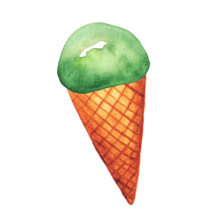 Bright, creamy ice cream. A sweet scoop in a waffle cone. Hand-drawn watercolor illustration of the dessert for an ice cream parlor ad.の写真素材