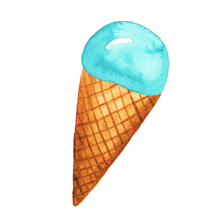 Bright, creamy ice cream. A sweet scoop in a waffle cone. Hand-drawn watercolor illustration of the dessert for an ice cream parlor ad.の写真素材