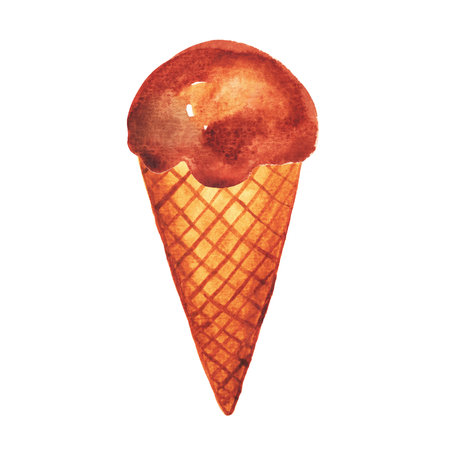 Bright, creamy ice cream. A sweet scoop in a waffle cone. Hand-drawn watercolor illustration of the dessert for an ice cream parlor ad.の写真素材