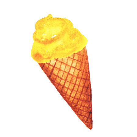 Bright, creamy ice cream. A sweet scoop in a waffle cone. Hand-drawn watercolor illustration of the dessert for an ice cream parlor ad.の写真素材