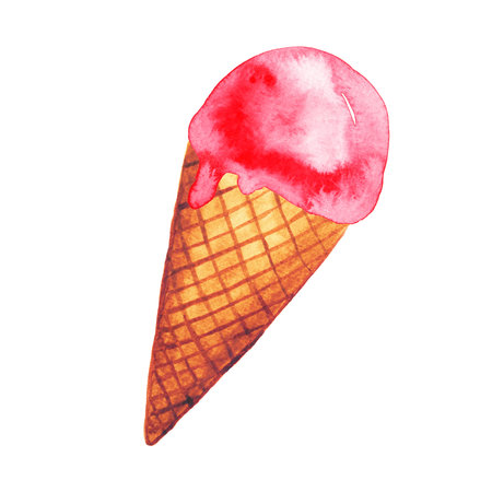 Bright, creamy ice cream. A sweet scoop in a waffle cone. Hand-drawn watercolor illustration of the dessert for an ice cream parlor ad.の写真素材