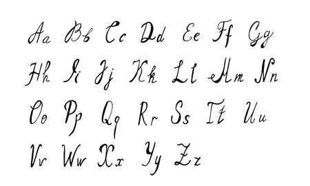 Alphabet is handwritten in black pen scrawl on white background. Doodle style English letters are uppercase and small in primitive style.のイラスト素材