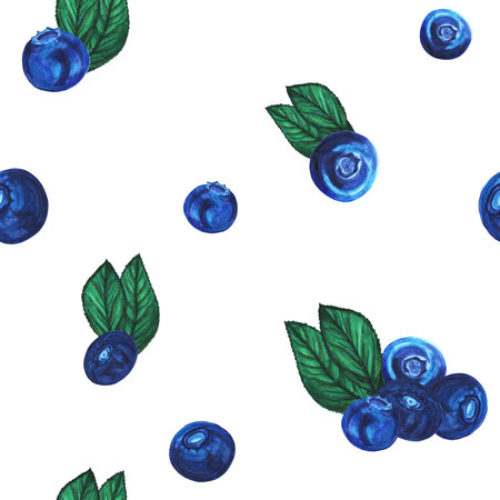 seamless pattern of delicious blueberries, a watercolor illustration on a white background. Sweet and refreshing berry illustrations. Hand-drawn blue berries and leaves.の写真素材