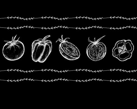 Frame of Vegetables and fruits sketch. Vector sketch on black background, Place for text. Horizontal border of Hand-drawn Harvest. Vegetarian food Vector illustration.のイラスト素材