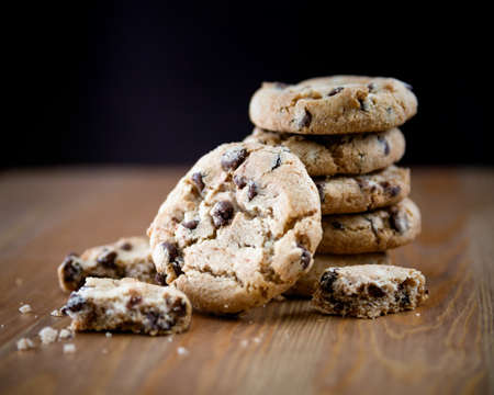 Close up of stacked chocolate chip cookies 
