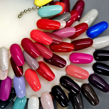 A collection of nail polish testers in various colorsの写真素材