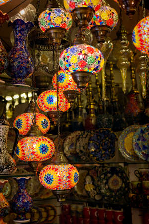Row of traditional handmade turkish lamps in souvenir shopのeditorial素材