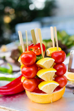 Decoration of open buffet display made of vegetables canapeの写真素材