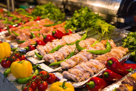 Checken wings on a display in an open buffet restaurantの写真素材