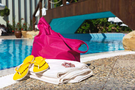 Concept of beach accessories near the poolの写真素材