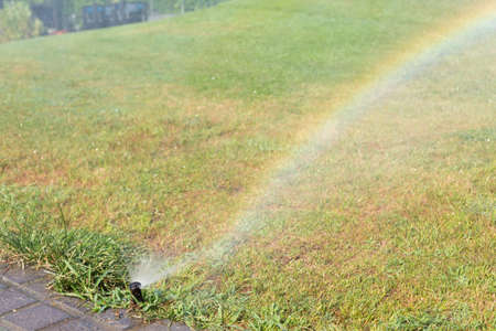 Sprinkler working on a green grass lawnの写真素材