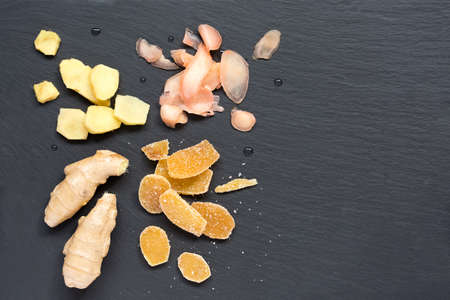 Selection of different stages of ginger from whole root to marinated and candy. Shallow DOFの写真素材