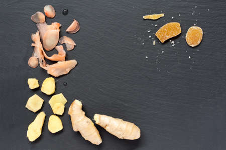 Selection of different stages of ginger from whole root to marinated and candy. Shallow DOFの写真素材
