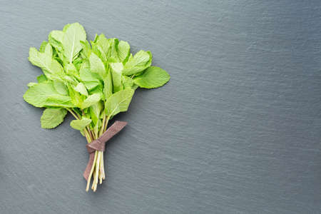 A bunch of fresh mint on a dark stone backgroundの写真素材