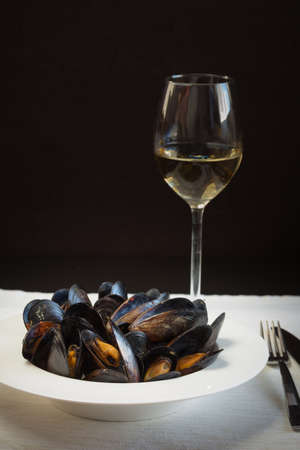 Italian cuisine. Mussels in a porcelain plate and a glass of wine. Shallow DOF, vertical, copy spaceの写真素材